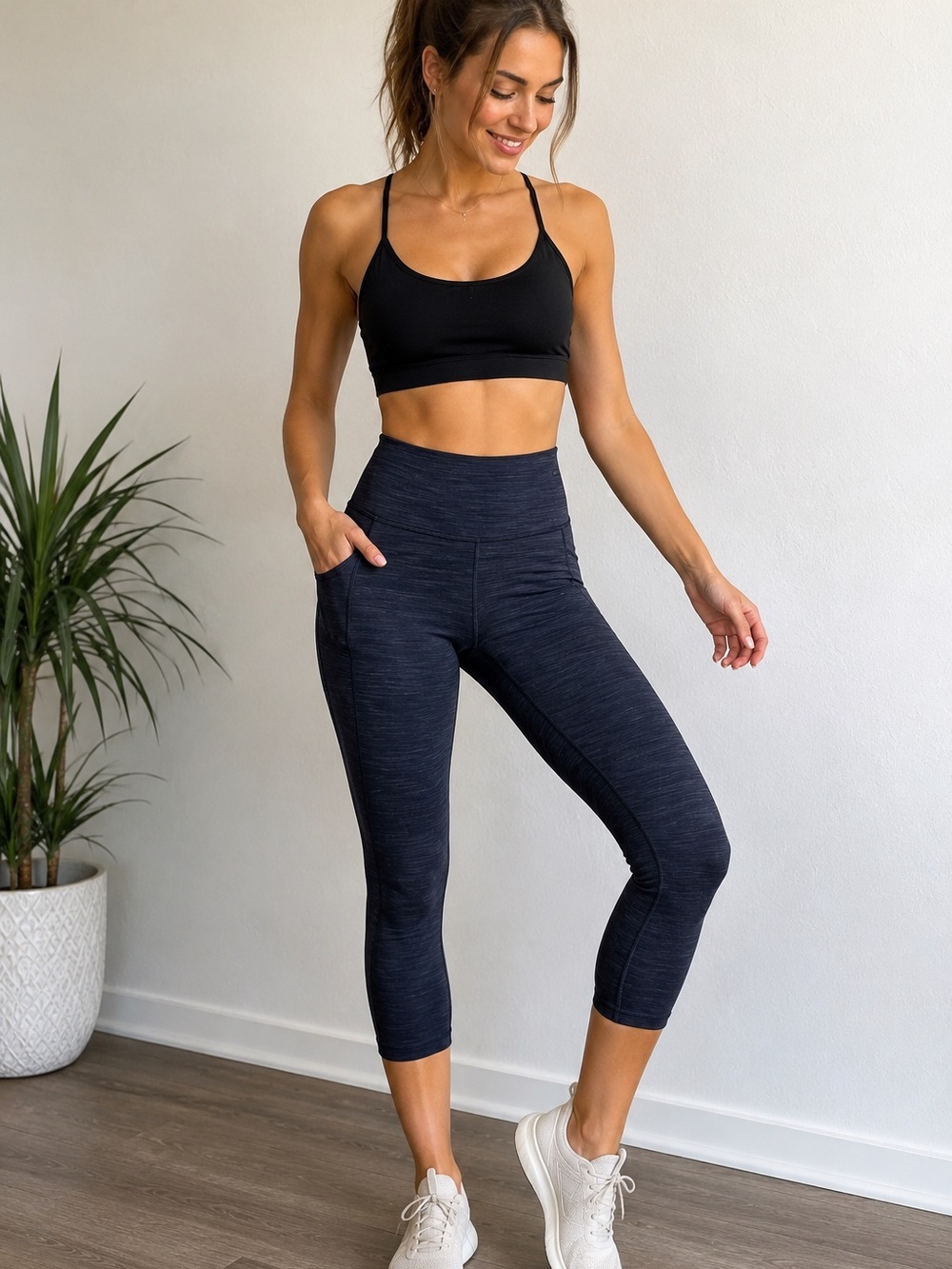 Athleta Salutation II Capri Navy Heather Leggings With Pockets Small